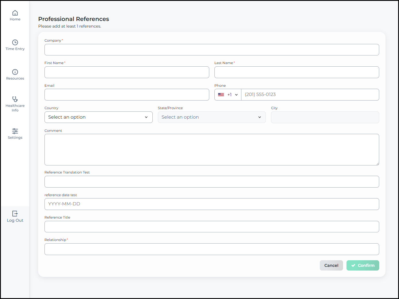 The updated Professional References section showing a Name and Company table with icon-based pencil edit and trash delete actions per row, replacing the previous text links.